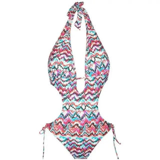 Colorful patterned halter swimsuit displayed in NWSC Women’s Monokini One Piece Swimsuit