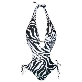 Zebra-striped halter one-piece swimsuit for women from NWSC in multiple sizes