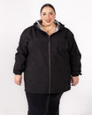 Plus size 804 rain jacket black 1 | Model is 5'3" and wears a 5X