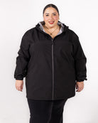 Plus size 804 rain jacket black 1 | Model is 5'3" and wears a 5X