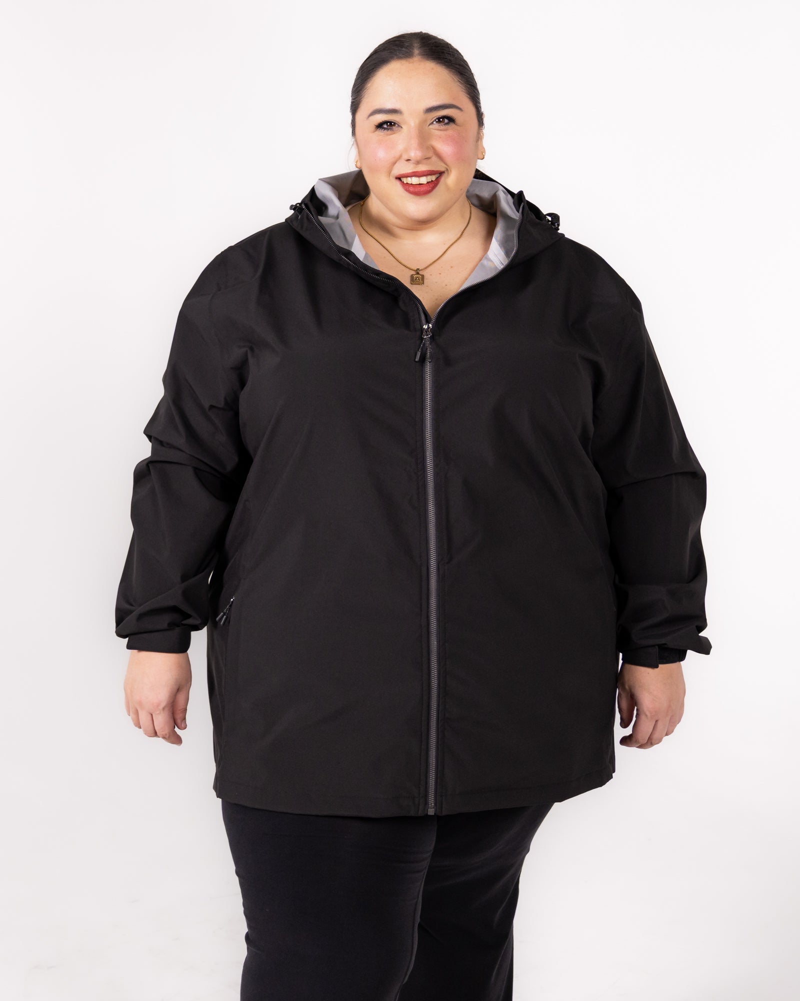 Plus size 804 rain jacket black 1 | Model is 5'3" and wears a 5X