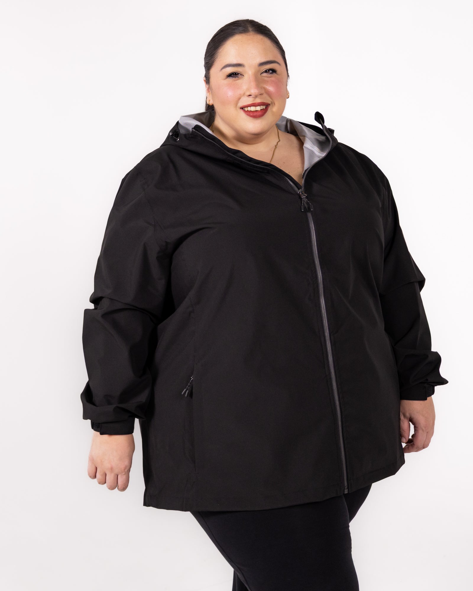 Plus size 804 rain jacket black 3 | Model is 5'3" and wears a 5X