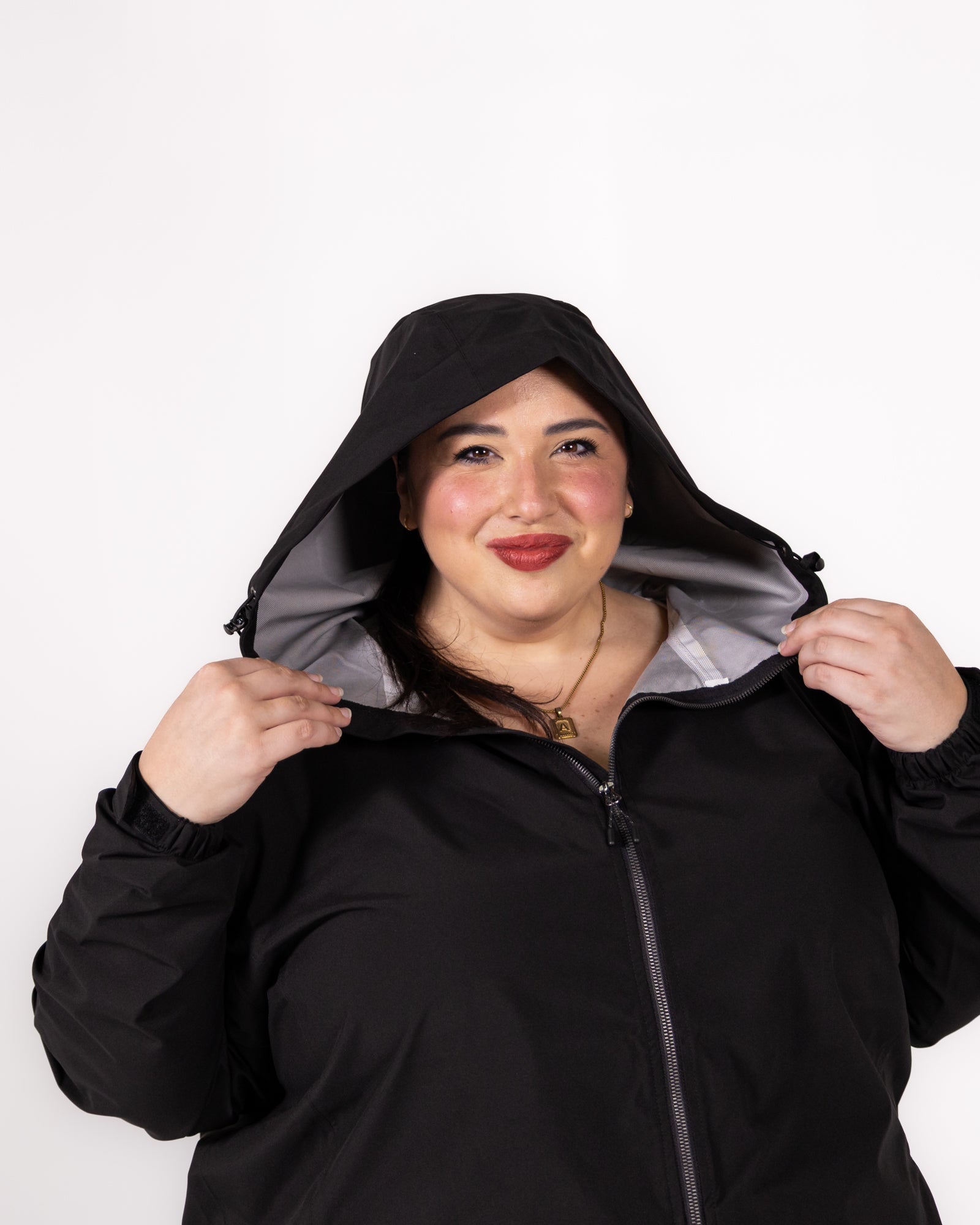 Plus size 804 rain jacket black 4 | Model is 5'3" and wears a 5X