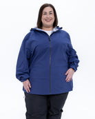 Plus size 804 rain jacket blue 1 | Model is 5'4" and wears a 3X