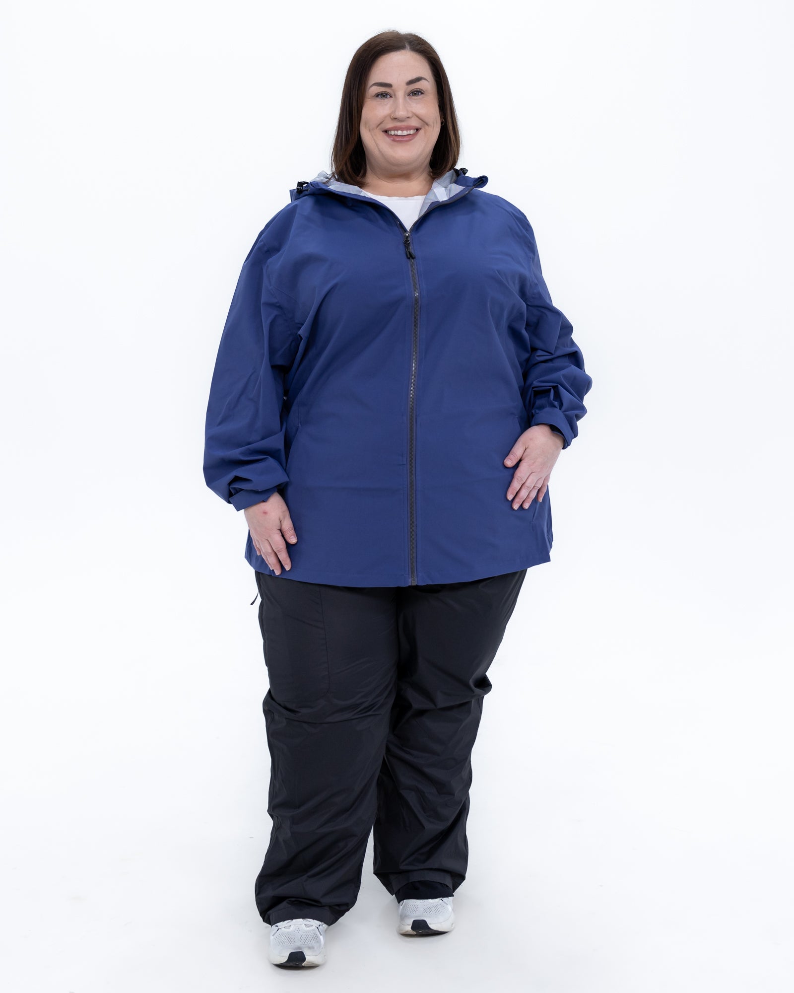Plus size 804 rain jacket blue 2 | Model is 5'4" and wears a 3X