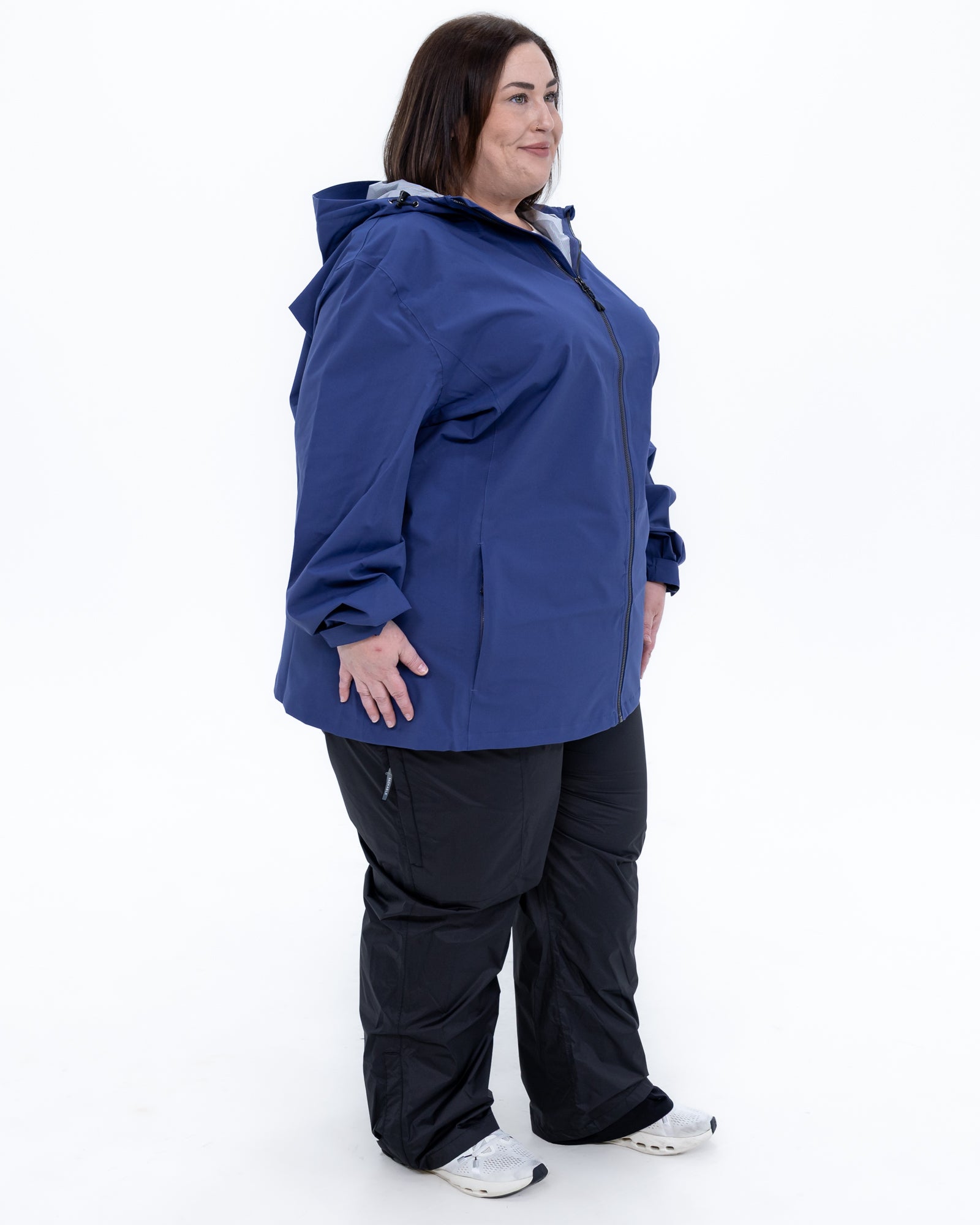 Plus size 804 rain jacket blue 3 | Model is 5'4" and wears a 3X