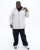 Plus size 804 rain jacket cream 2 | Model is 5'9" and wears a 3X