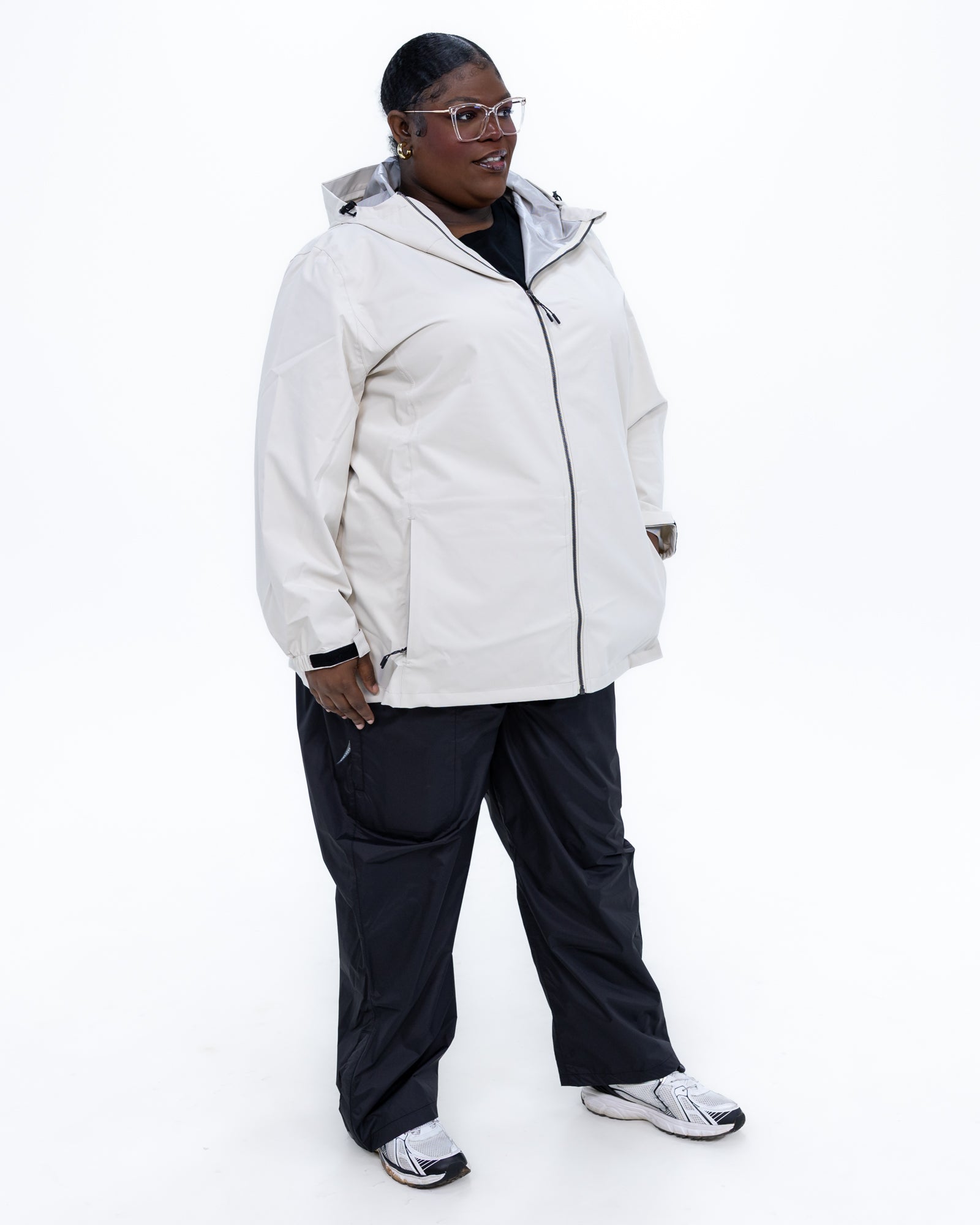 Plus size 804 rain jacket cream 3 | Model is 5'9" and wears a 3X