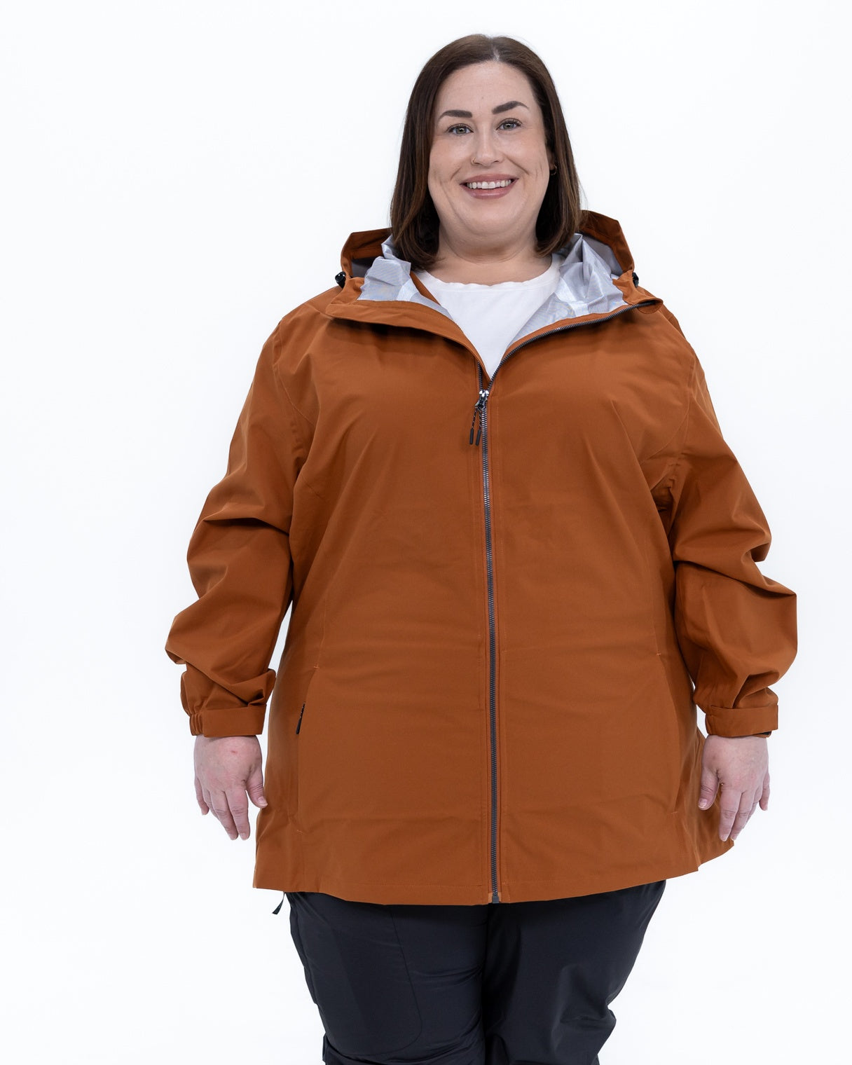 Plus size 804 rain jacket rust 1 | Model is 5'4" and wears a 3X