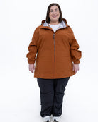 Plus size 804 rain jacket rust 2 | Model is 5'4" and wears a 3X