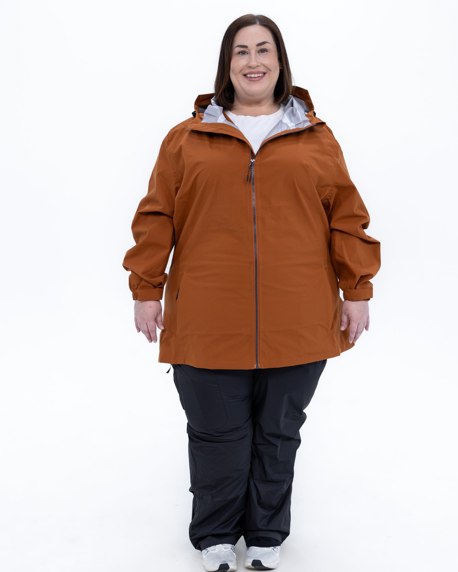 Plus size 804 rain jacket rust 2 | Model is 5'4" and wears a 3X