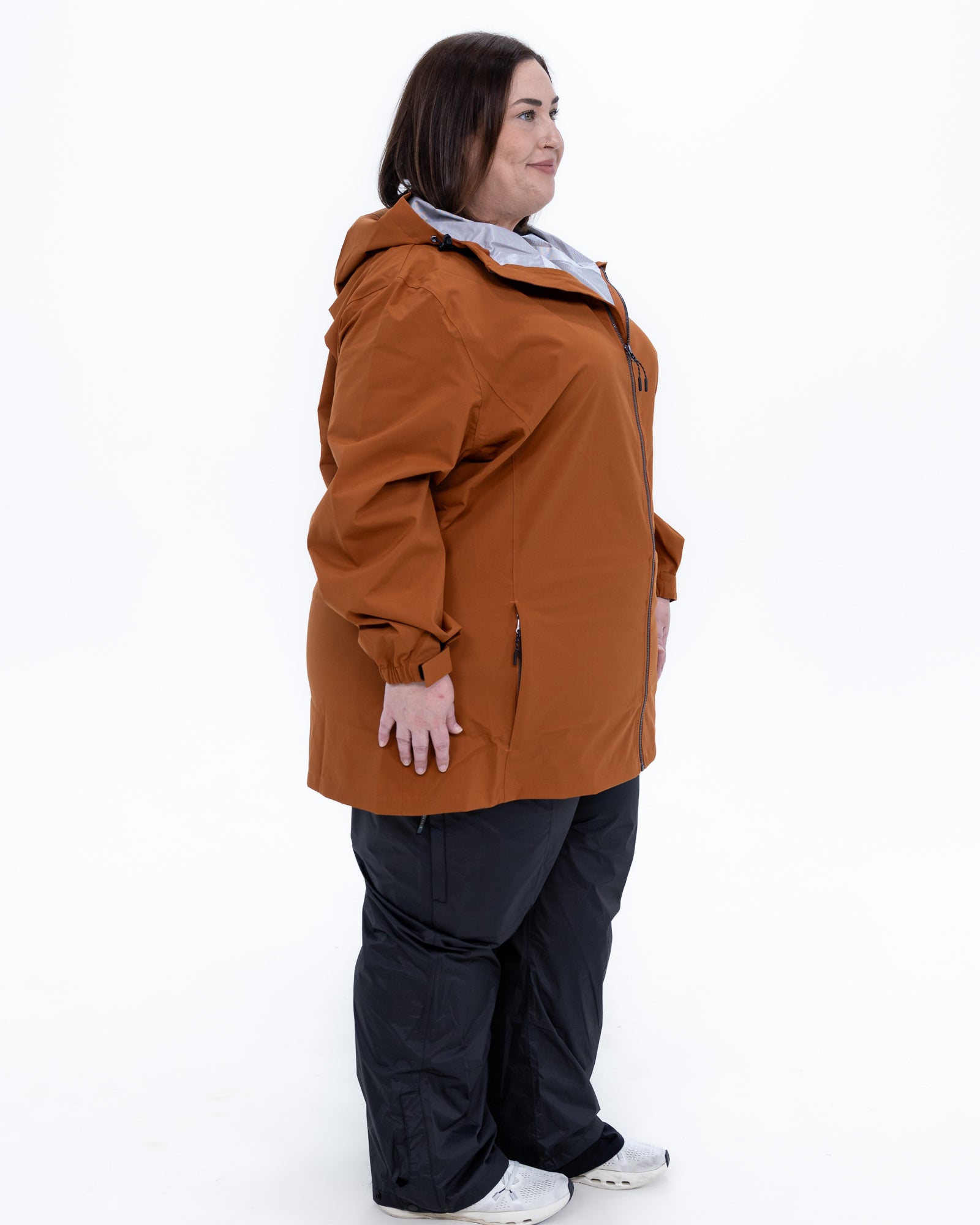 Plus size 804 rain jacket rust 3 | Model is 5'4" and wears a 3X