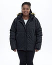 Black women's plus size Aspen ski jacket, front | Model is 5'6" and wears a 1X