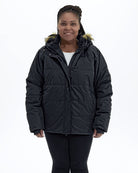 Black women's plus size Aspen ski jacket, front | Model is 5'6" and wears a 1X