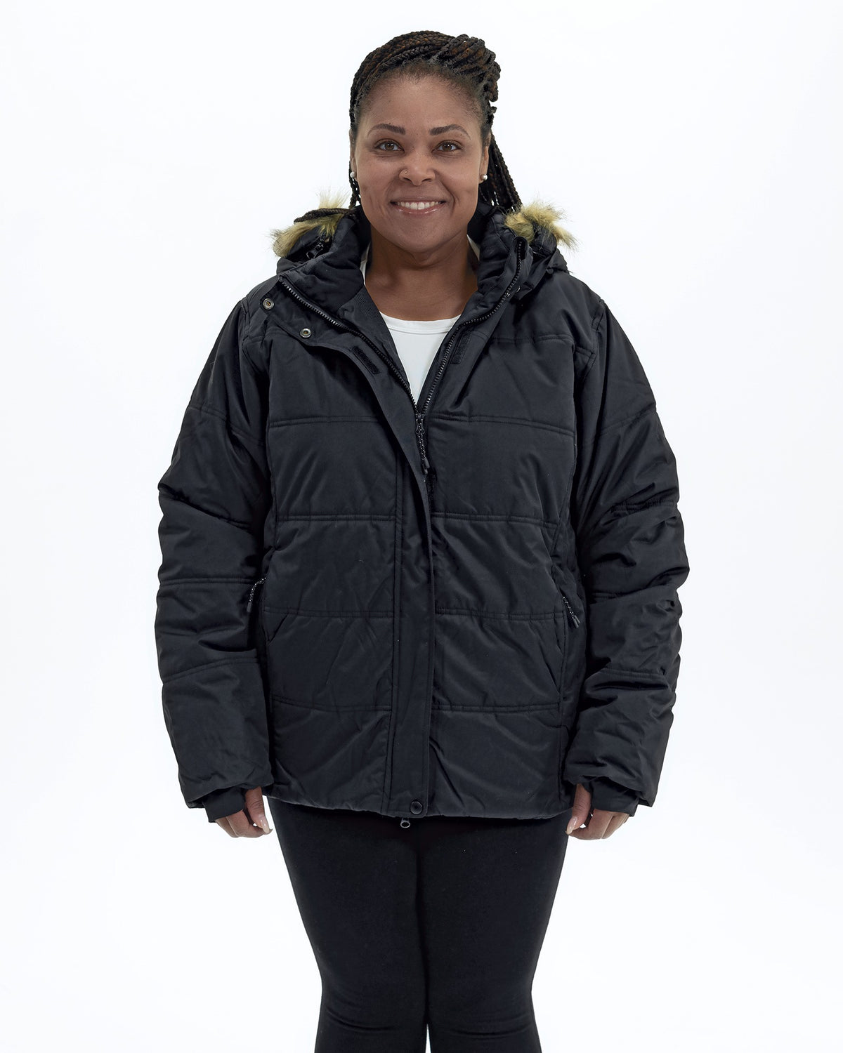 Black women's plus size Aspen ski jacket, front | Model is 5'6" and wears a 1X