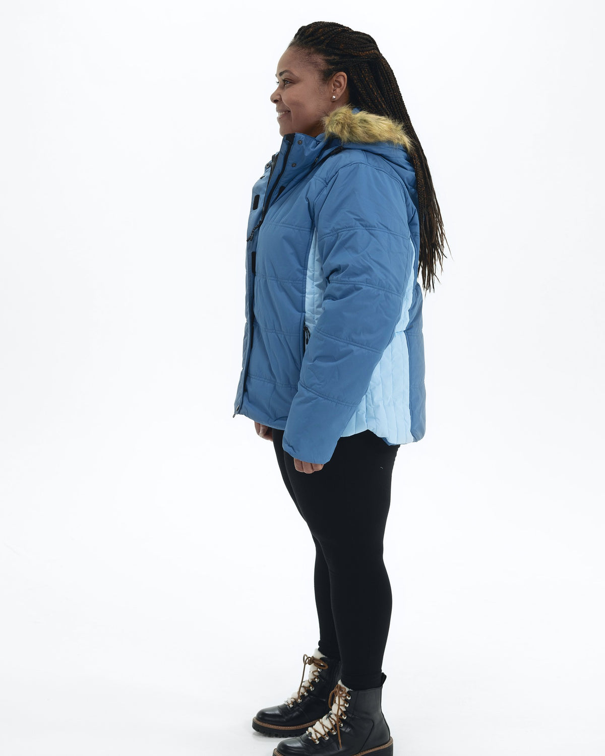 Winter Blue women's plus size Aspen ski jacket, side full | Model is 5'6" and wears a 1X