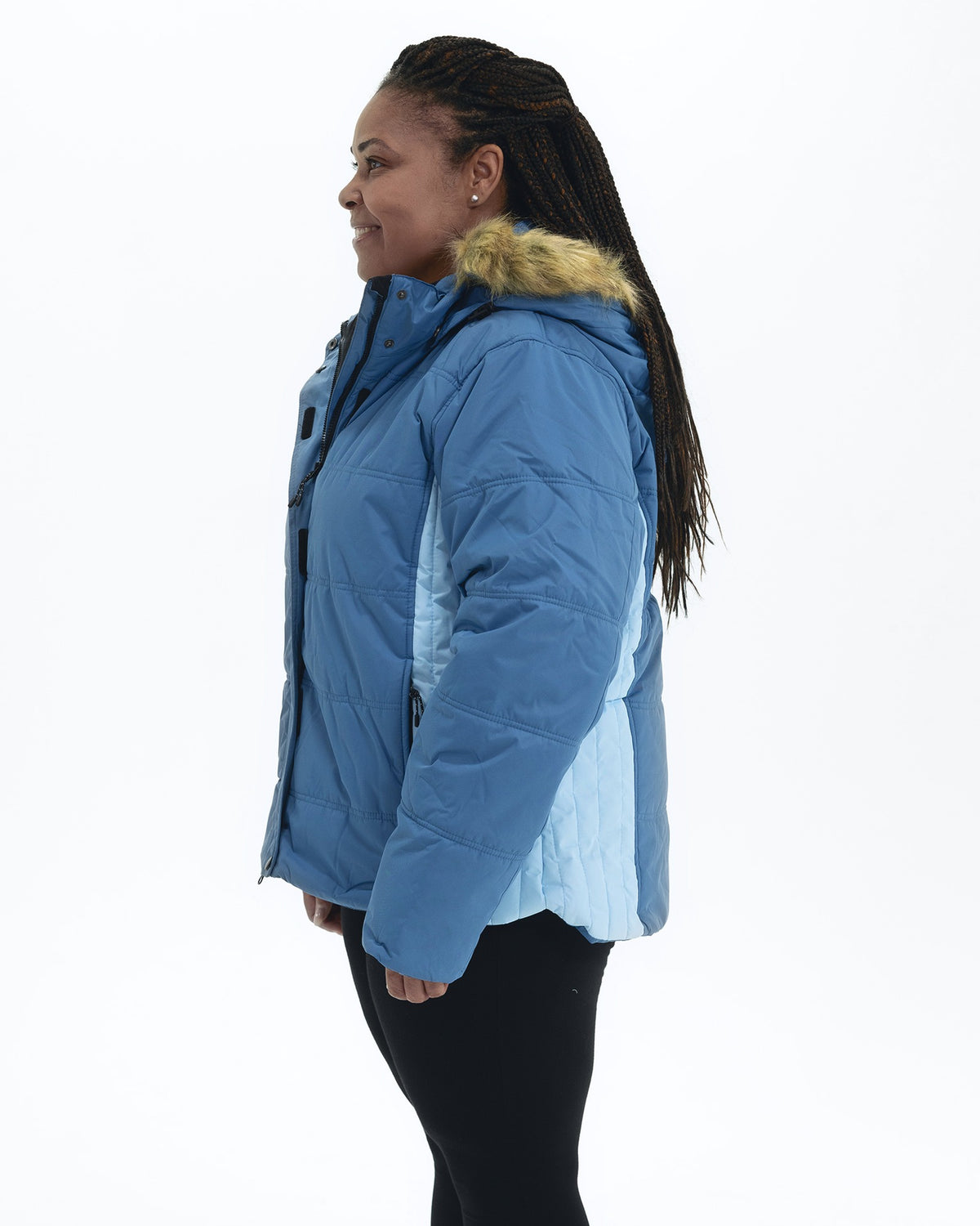Winter Blue women's plus size Aspen ski jacket, side | Model is 5'6" and wears a 1X