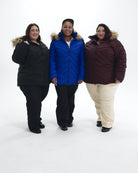 The Axtell plus size hooded winter parka, sizes 1X to 6X, worn by three models in Black, Midnight Blue and Eggplant