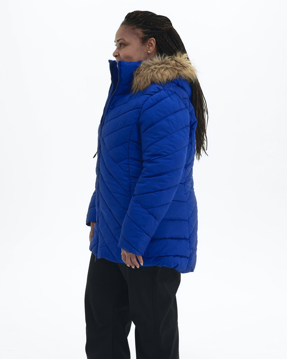 Midnight Blue The Axtell plus size hooded winter parka, side | Model is 5'6" and wears a 1X
