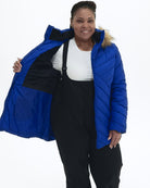 Midnight Blue The Axtell plus size hooded winter parka, worn open showing the plush fleece lining | Model is 5'6" and wears a 1X