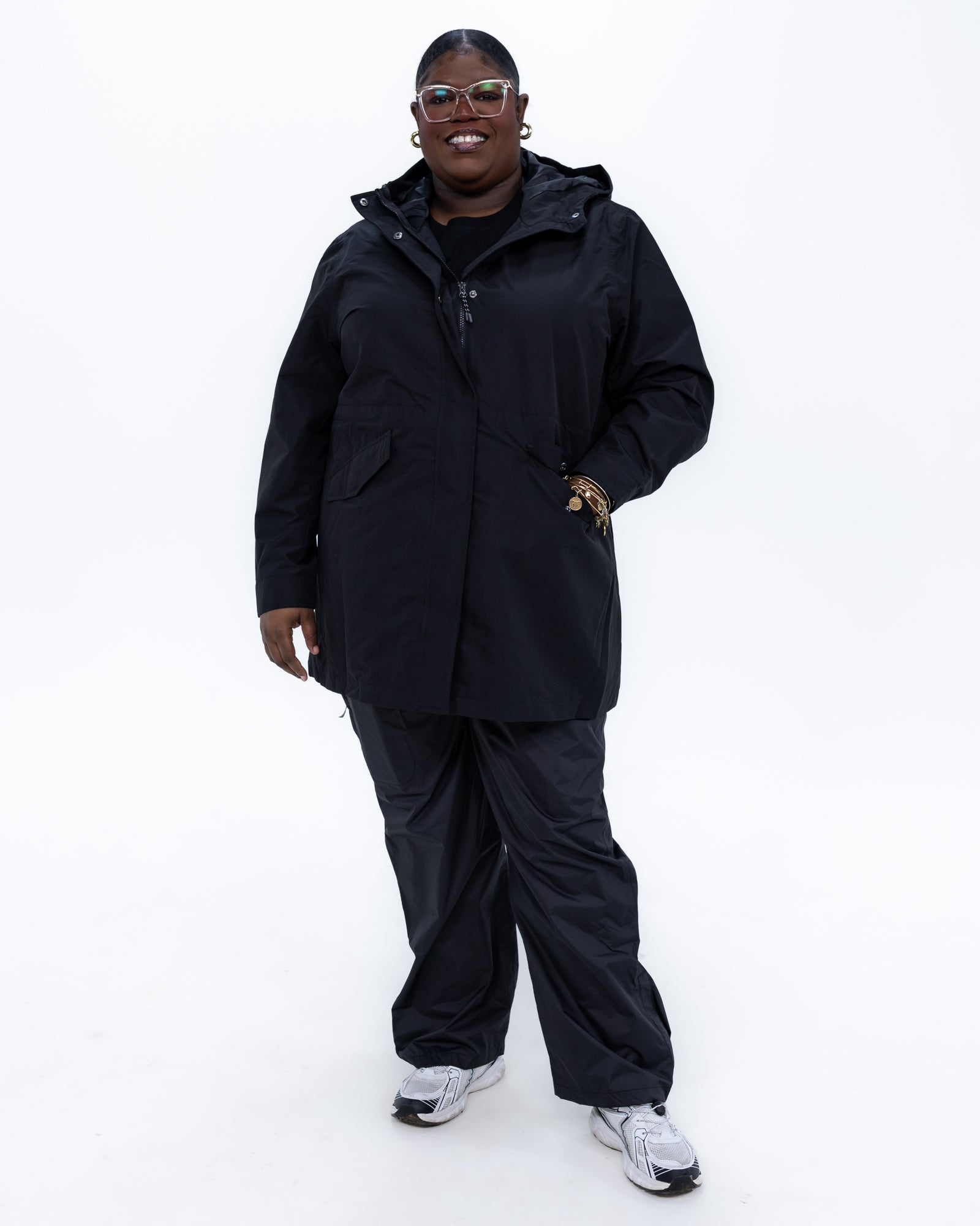 Plus size berwick rain jacket black 3 | Model is 5'9" and wears a 3X