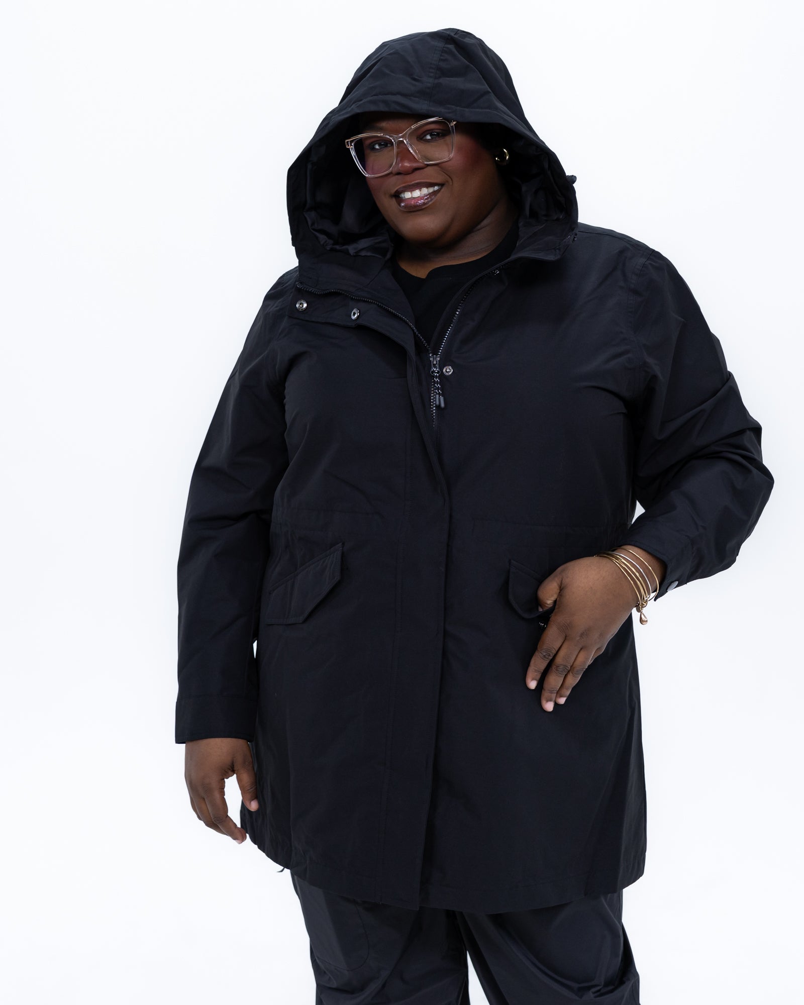 Plus size berwick rain jacket black 4 | Model is 5'9" and wears a 3X