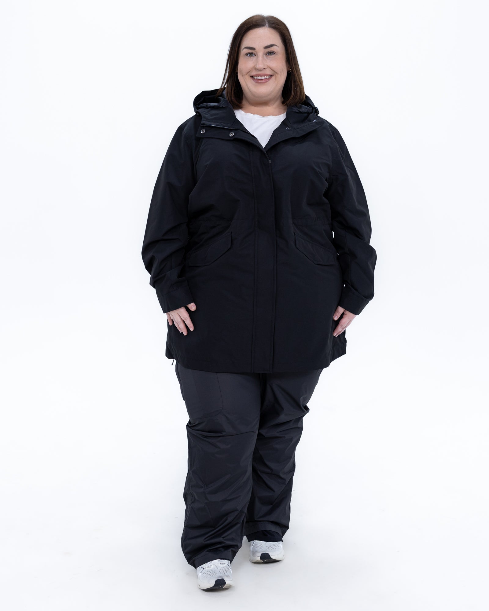 Plus size berwick rain jacket black 7 | Model is 5'4" and wears a 3X