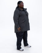 Plus size berwick rain jacket charcoal 2 | Model is 5'9" and wears a 3X
