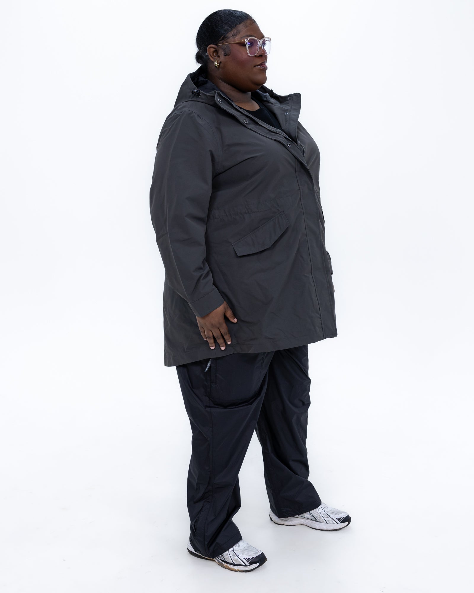 Plus size berwick rain jacket charcoal 2 | Model is 5'9" and wears a 3X