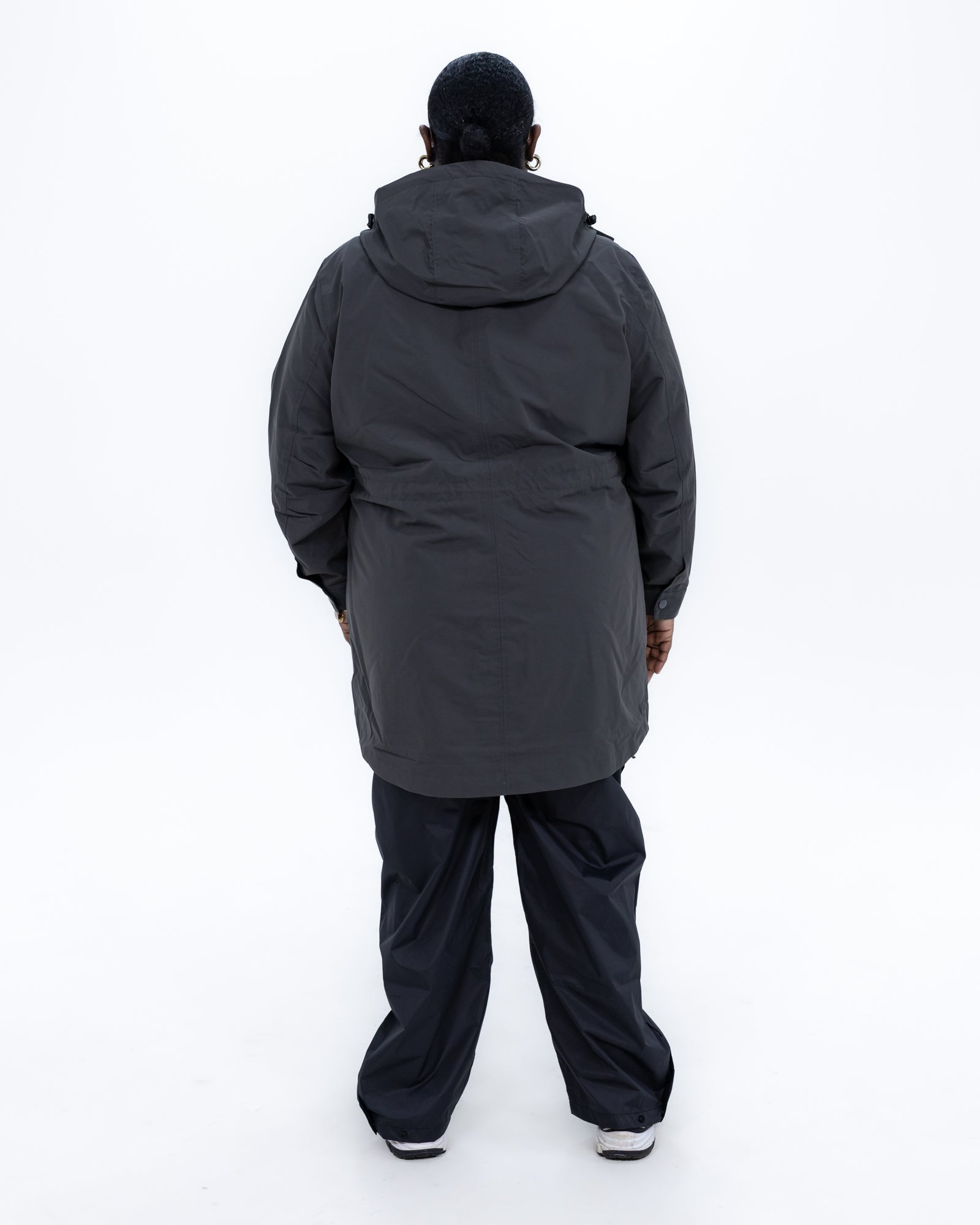 Plus size berwick rain jacket charcoal 3 | Model is 5'9" and wears a 3X