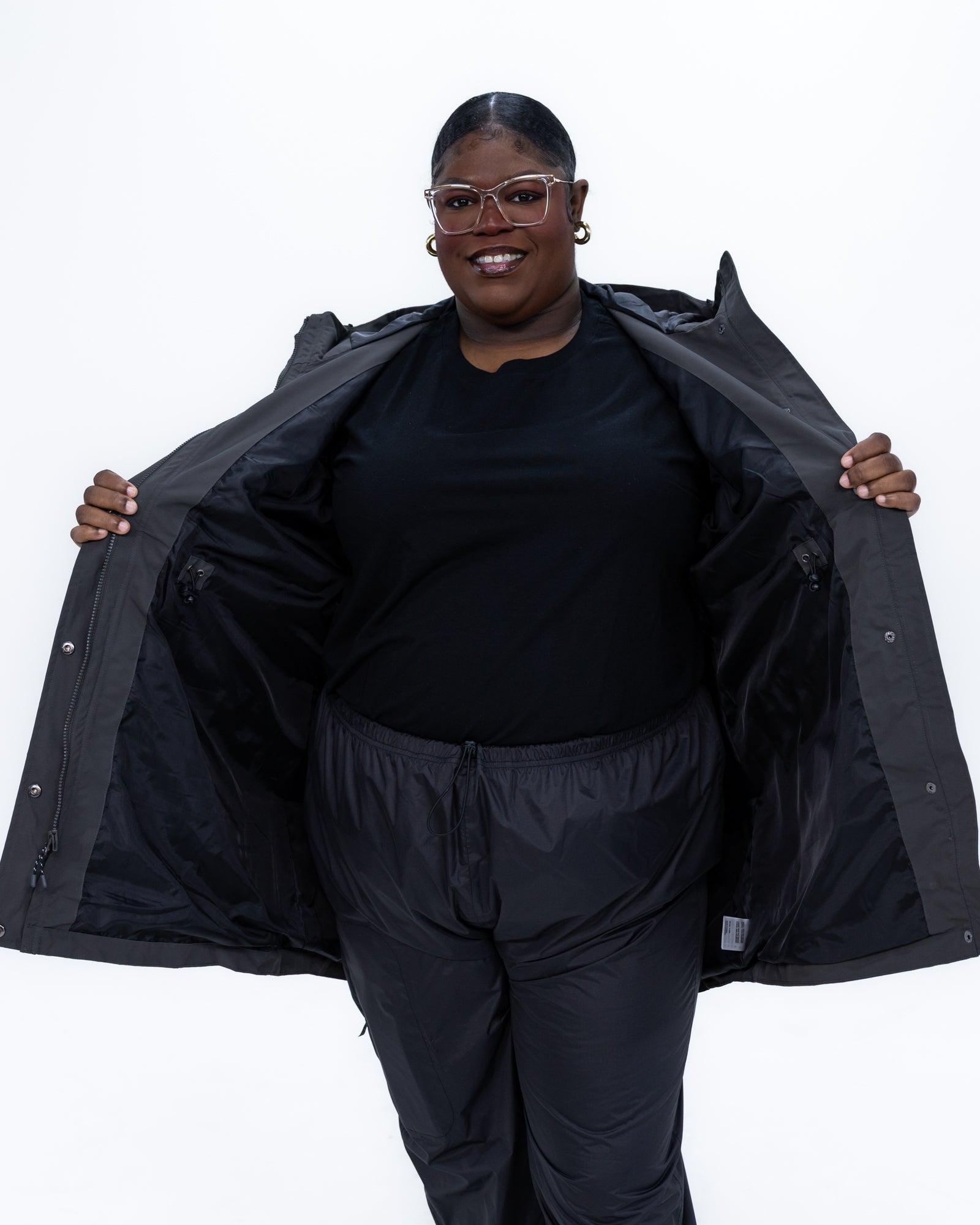 Plus size berwick rain jacket charcoal 5 | Model is 5'9" and wears a 3X