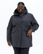 Plus size berwick rain jacket charcoal 7 | Model is 5'9" and wears a 3X