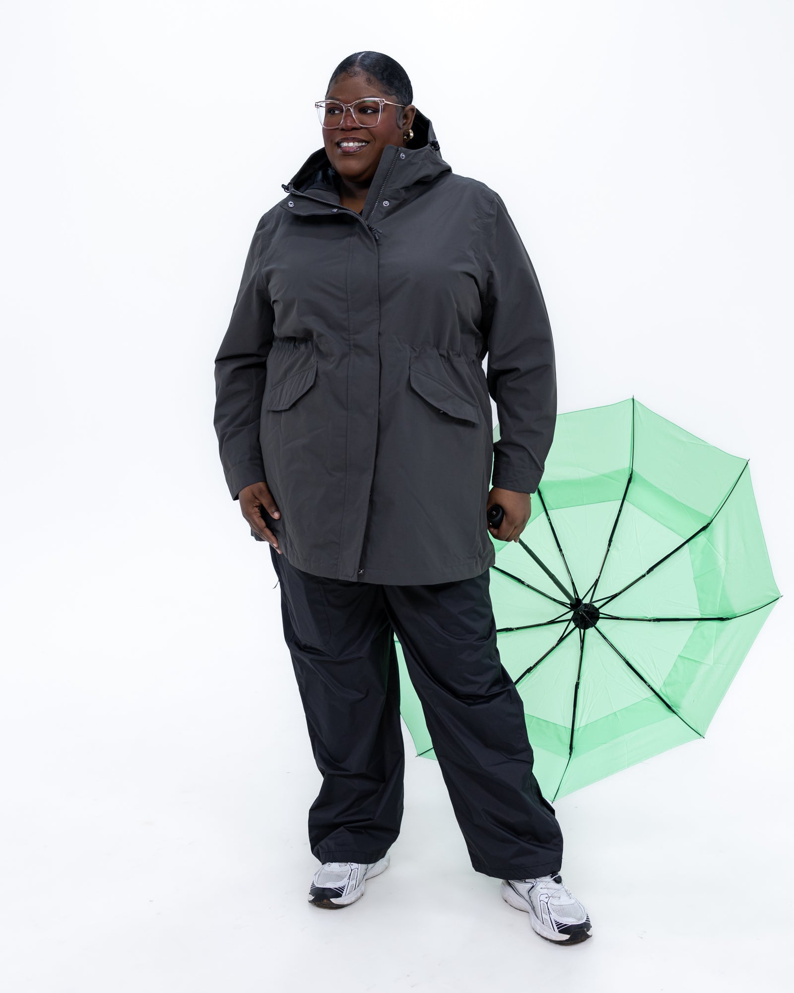 Plus size berwick rain jacket charcoal 8 | Model is 5'9" and wears a 3X