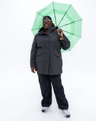 Plus size berwick rain jacket charcoal 9 | Model is 5'9" and wears a 3X