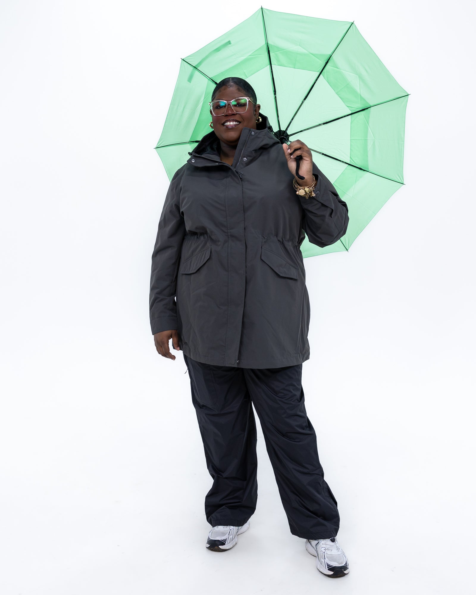 Plus size berwick rain jacket charcoal 9 | Model is 5'9" and wears a 3X