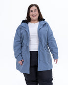 Plus size berwick rain jacket dusty blue 1 | Model is 5'4" and wears a 3X