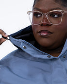 Plus size berwick rain jacket dusty blue 10 | Model is 5'9" and wears a 3X
