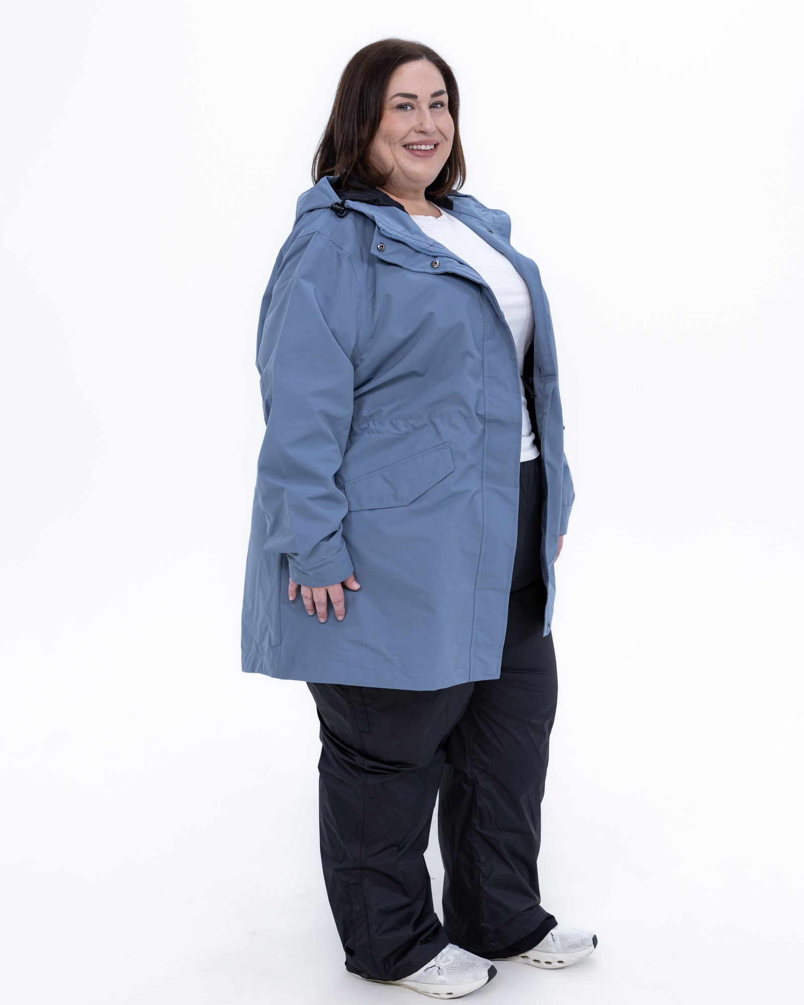 Plus size berwick rain jacket dusty blue 2 | Model is 5'4" and wears a 3X