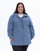 Plus size berwick rain jacket dusty blue 5 | Model is 5'4" and wears a 3X