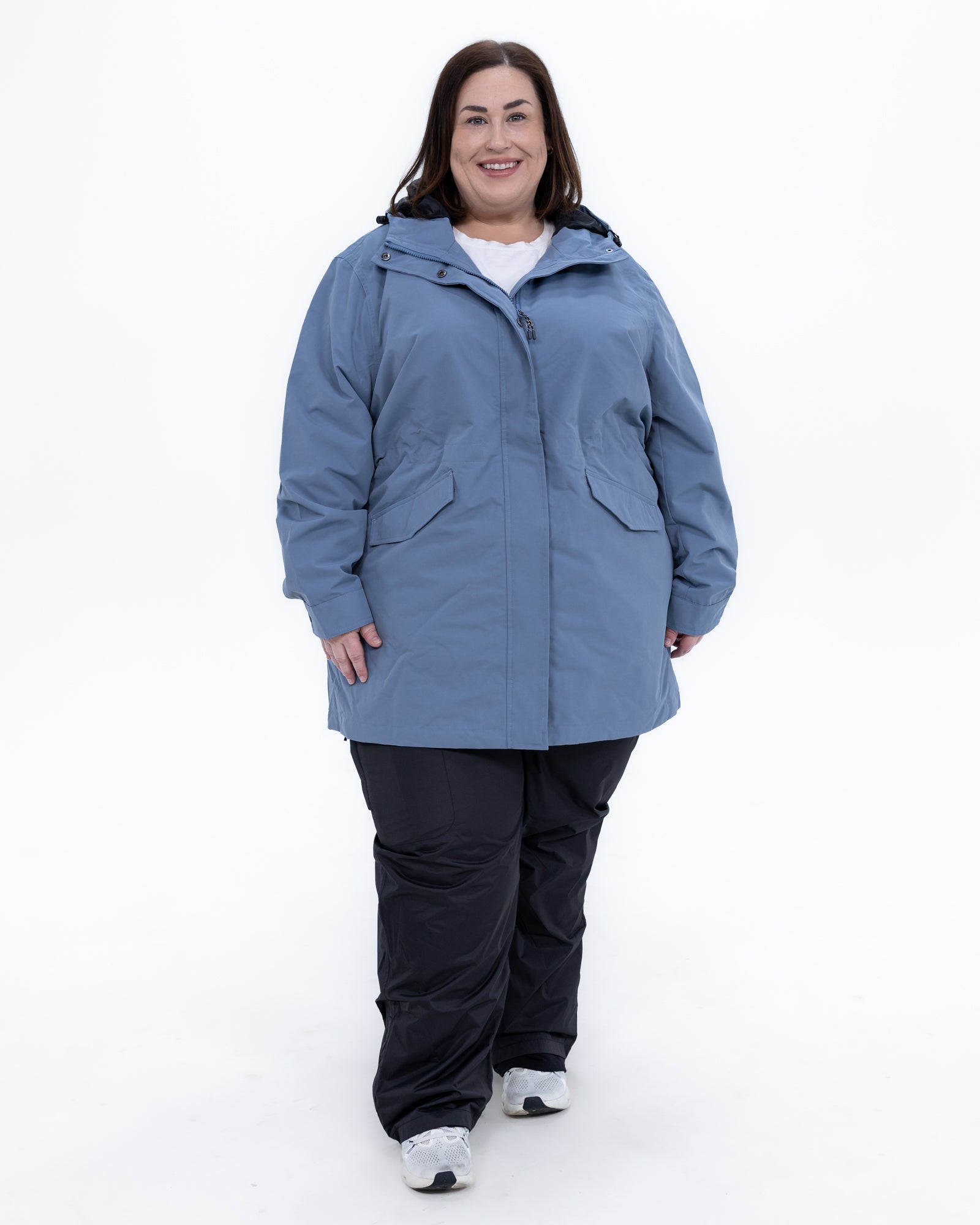 Plus size berwick rain jacket dusty blue 6 | Model is 5'4" and wears a 3X
