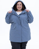 Plus size berwick rain jacket dusty blue 8 | Model is 5'4" and wears a 3X