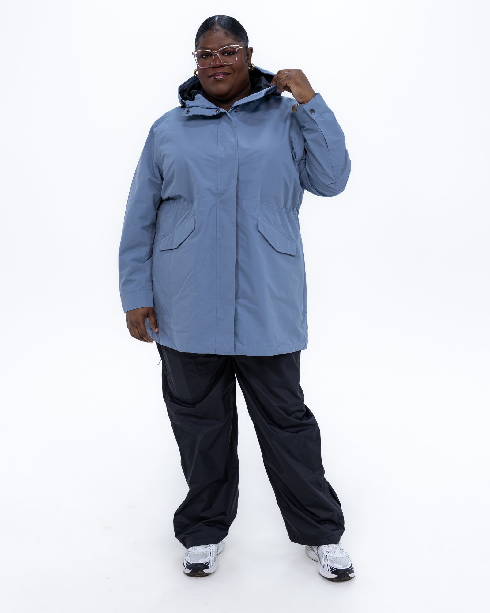 Plus size berwick rain jacket dusty blue 9 | Model is 5'9" and wears a 3X