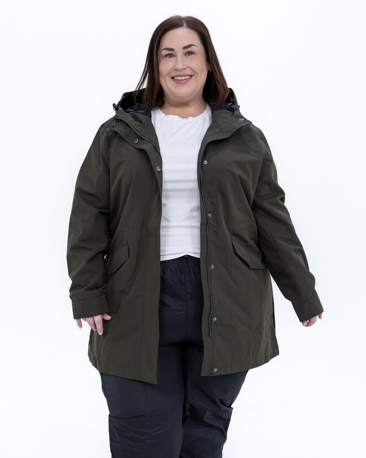 Plus size berwick rain jacket olive 1 | Model is 5'4" and wears a 3X