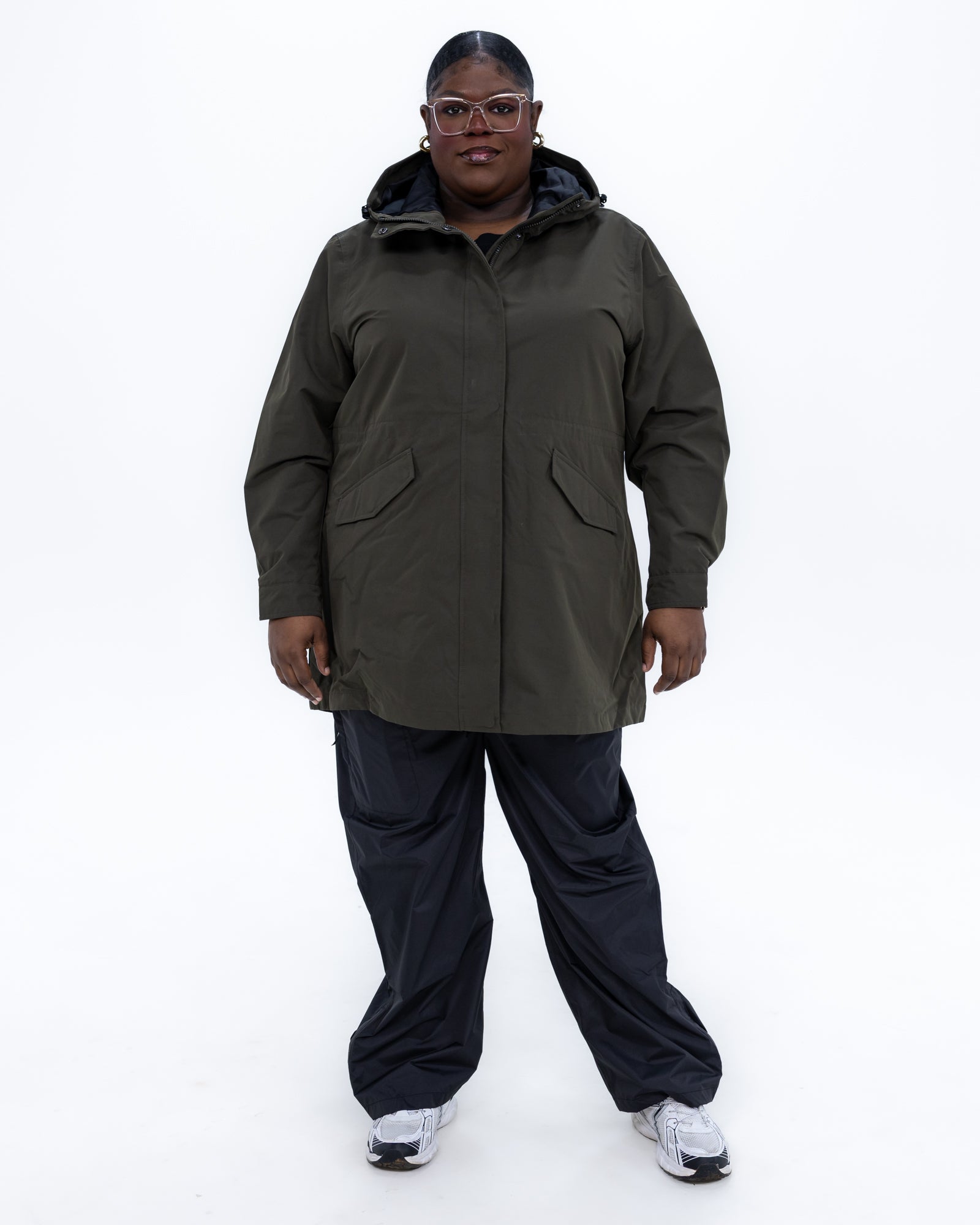 Plus size berwick rain jacket olive 11 | Model is 5'9" and wears a 3X
