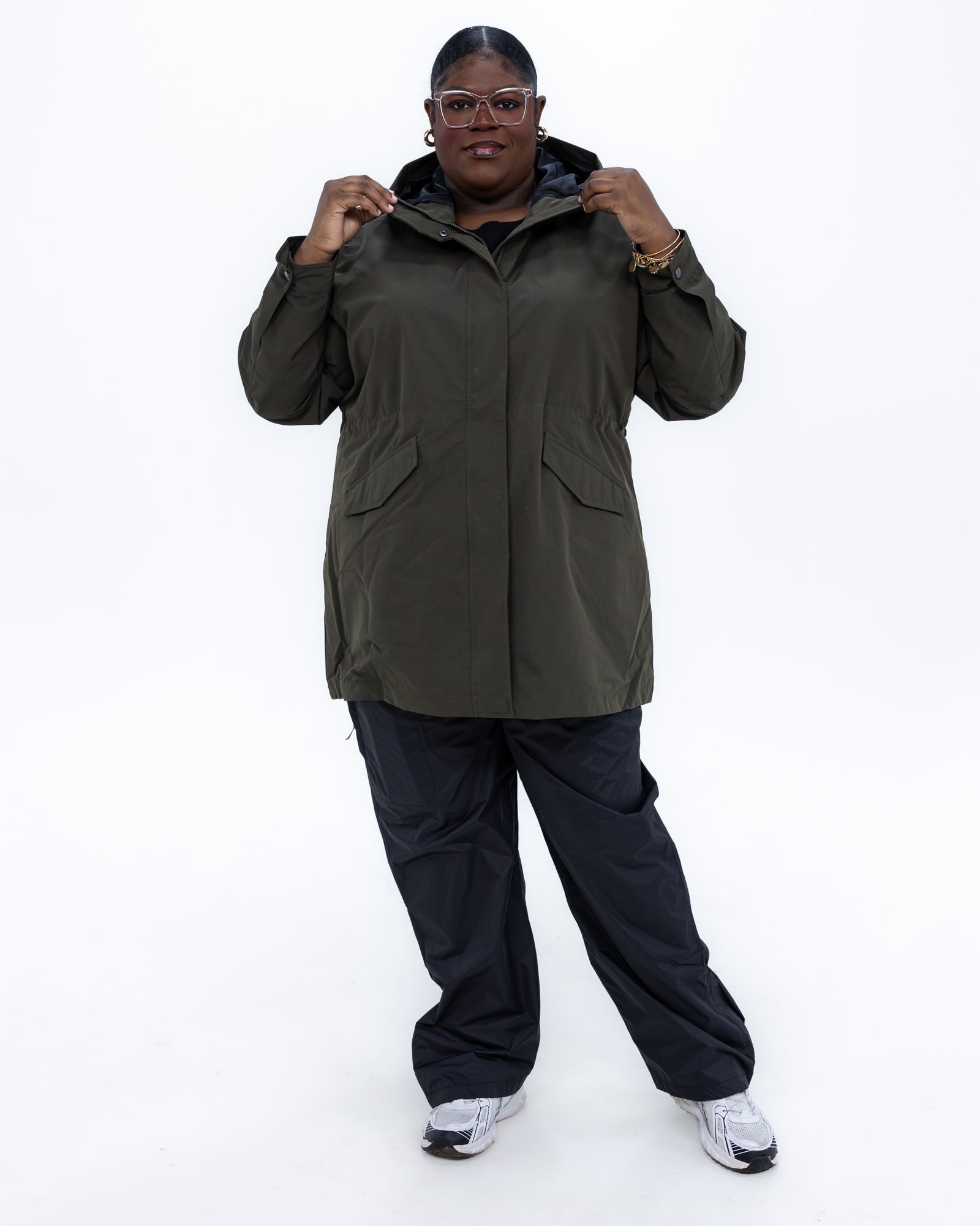 Plus size berwick rain jacket olive 13 | Model is 5'4" and wears a 3X