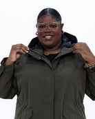 Plus size berwick rain jacket olive 14 | Model is 5'9" and wears a 3X