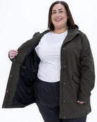 Plus size berwick rain jacket olive 3 | Model is 5'4" and wears a 3X