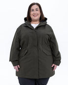 Plus size berwick rain jacket olive 5 | Model is 5'4" and wears a 3X