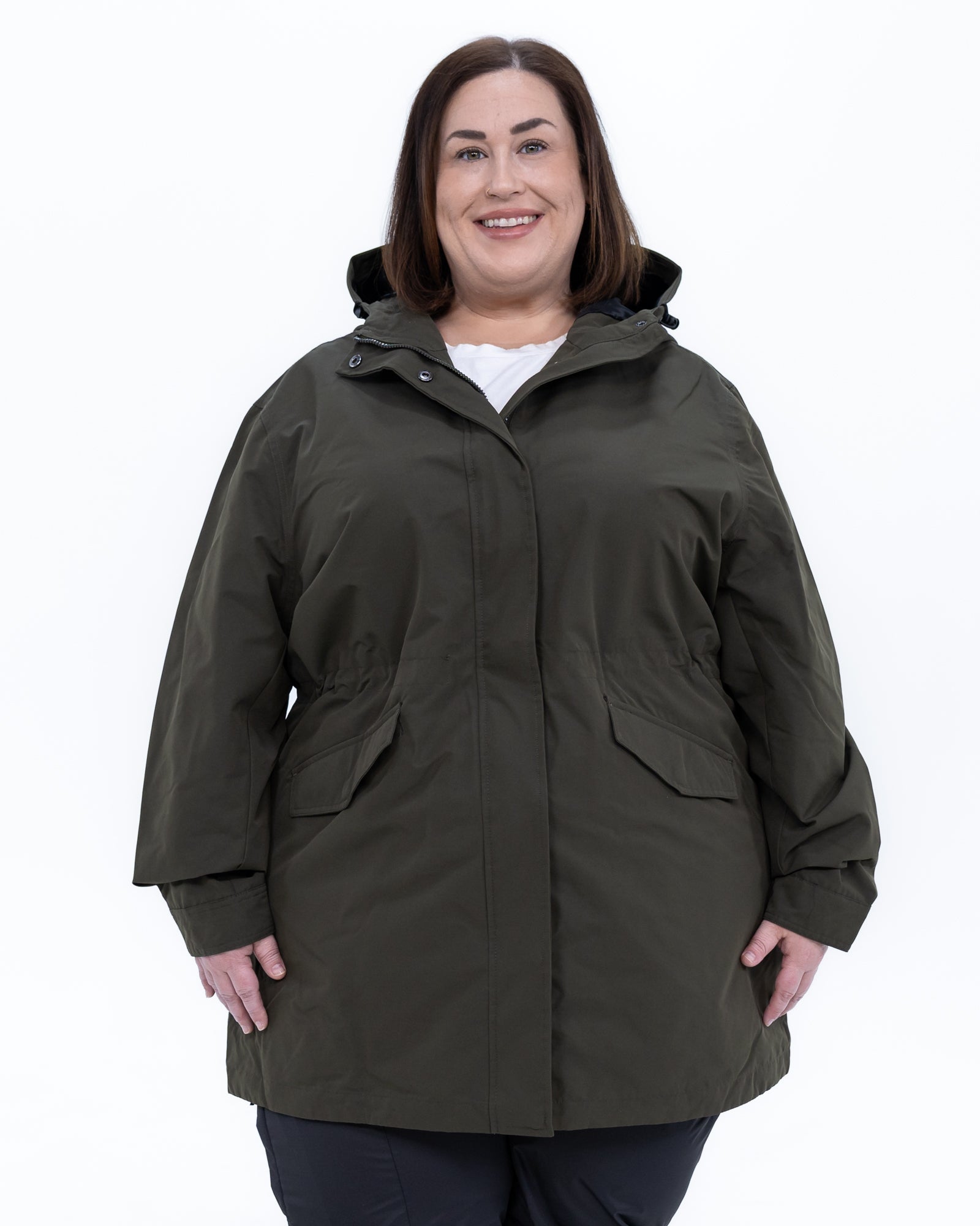 Plus size berwick rain jacket olive 5 | Model is 5'4" and wears a 3X