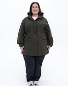 Plus size berwick rain jacket olive 6 | Model is 5'4" and wears a 3X